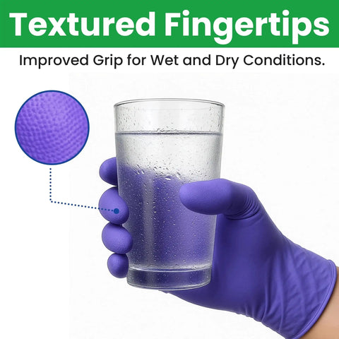 X Large Nitrile Disposable Gloves Powder Free Textured Fingertips For Medical Lab holding a glass with wet surface