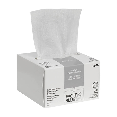 Delicate Task Wipes Recycled Light Duty 1 Ply 4.5x8.25 Inches Box Of 280, showing white wipes in dispenser box