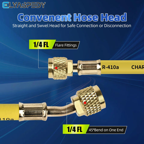 Refrigerant hose set with 1/4 FL flare fittings, brass connectors, yellow 72 in hose, R-410A label, pack of 3