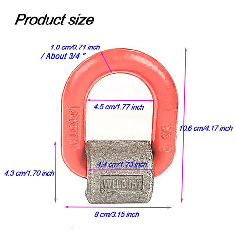 3.15 Ton Heavy Duty Welded Lifting Ring G80 Forged Alloy Steel D Ring Attachment front view with dimensions