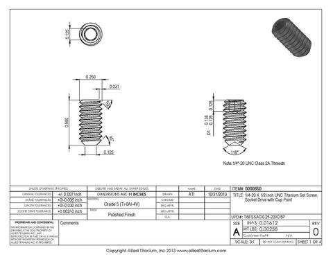 Engineering diagram of Premium Titanium Set Screw 1/4-20 UNC 1/2 Inch Socket Drive With Cup Point Grade 5 Ti 6Al 4V Pack Of 10