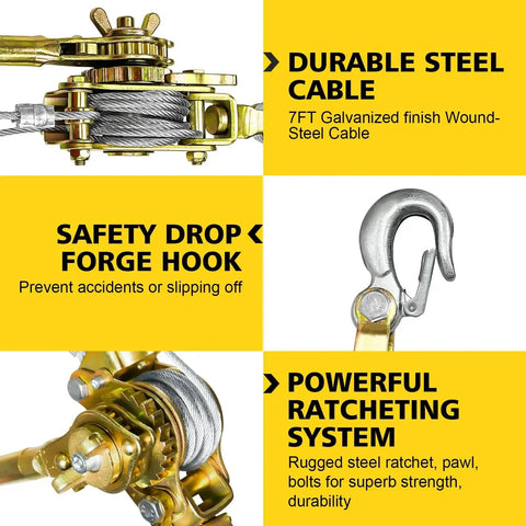 Collage image showing features of the 3T Come Along Winch 10ft Cable Hoist With Two Hooks Heavy Duty Ratchet
