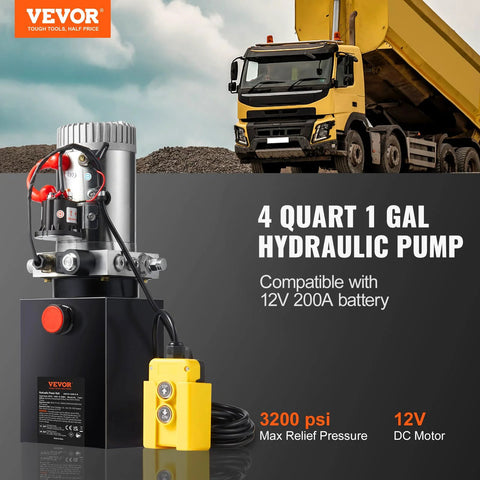 VEVOR hydraulic pump power unit, 4-quart, with yellow handheld controller, 12V DC motor, 3200 psi