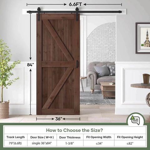 36x84 Inch Spruce Solid Wood Sliding Barn Door Slab In Coffee Finish With 6.6ft Hardware Kit And Handle K Shape