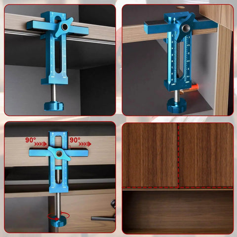 3 in 1 Cabinet Door Mounting Jig With Adjustable Clamp And Quick Hole Opener Aluminum Alloy Positioner in blue. Front and side views.