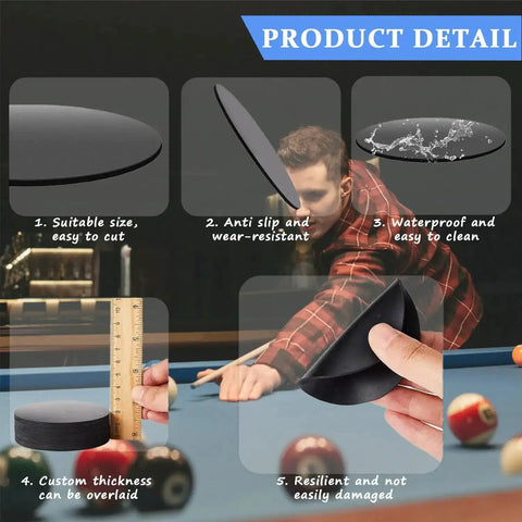 Close-up of 30 Piece Black Rubber Pool Table Leg Shims for Leveling on Sloped Floors with details on durability and versatility.
