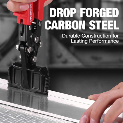 Heavy Duty 3 Inch Sheet Metal Bender And Hand Seamer Tool With Ergonomic Handle And Smooth Jaw shown in use on metal sheet