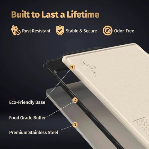 Close-up of Large 16 By 11 Inch Stainless Steel Cutting Board Set showing eco-friendly base and premium stainless steel layers.