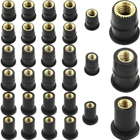30 Piece Rubber Brass Nut Kit M4 M5 M6 For Motorcycles Windshield Well Nuts And Vehicle Body Fasteners Bumpers Mudguards Easy Install And Secure Fit On Every Ride, assorted black and brass nuts displayed.