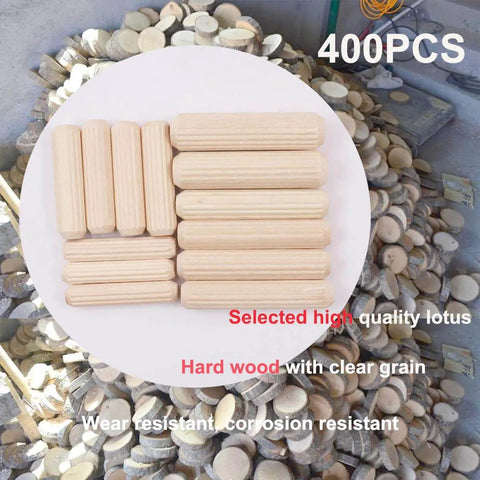 Pro Grade Wooden Dowel Pin Set With Straight Grooves And Beveled Tapered Ends, Four Hundred Piece Pack displayed in circular pattern