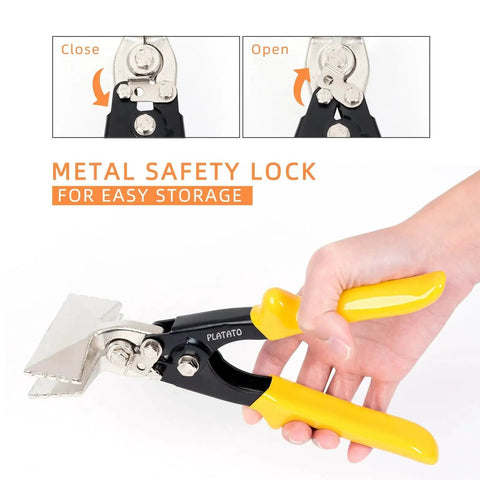 3 Inch Hand Seamers For Sheet Metal Bending And Straightening 18 To 30 Gauge Duckbill Pliers For HVAC Duct Work DIY And Repair Projects Ideal For Seaming Tucking And Straightening Metal With Comfort Grip Platato in hand showing metal safety lock feature