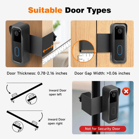 Anti Theft Metal Doorbell Mount With Rain Cover For Blink Video Doorbell Gen 1 And Gen 2 No Drilling No Block Sensor 360 Degree Wrap Protection Safety Screw Sealing Keeps Doorbell Secure For Rental Apartments Black on door with thickness and gap measurements
