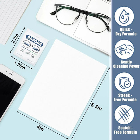Lens Wipes For Eyeglasses Pre Moistened Scratch Free Cleaner Glasses next to ruler and glasses demonstrating size