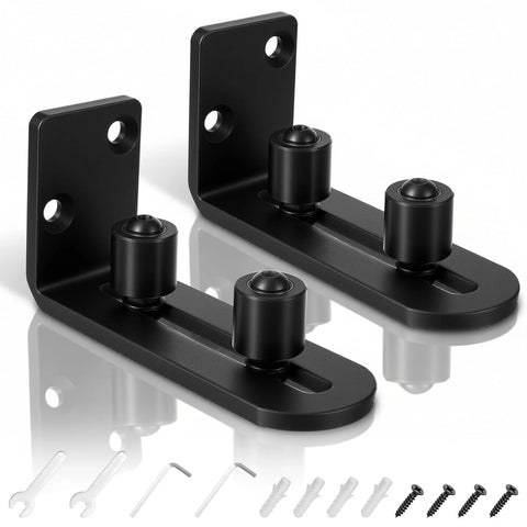 Rock Solid Barn Door Floor Guide 2 Pack With Adjustable Stay Rollers, Quiet Non Scratch Ball Bearing Hardware shown with mounting kit