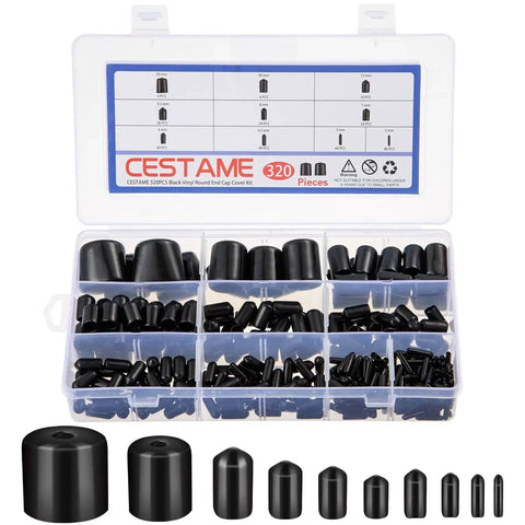 320 Pieces Black Rubber End Caps Set With Round Vinyl Caps for Bolt and Screw Protection, 10 sizes in plastic storage box