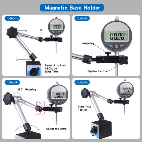 Step-by-step setup of Magnetic Base Stand for Digital Dial Indicator Built Tough Three Segment With Industrial Strength Quick Release And Triple Joint Adjustment For Easy Positioning, 0.315 Inch Holding Hole 8 mm For Metric Dial Gauge, Two Solid Magnetic Surfaces By Qnkaa