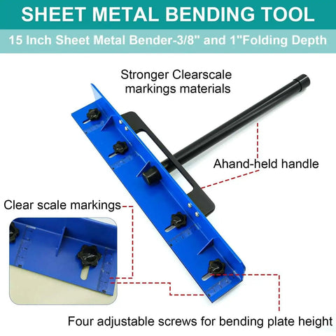 Close-up of a 15.25 Inch Sheet Metal Hemming And Bending Tool for roofing panels, featuring clear scale markings and adjustable screws.