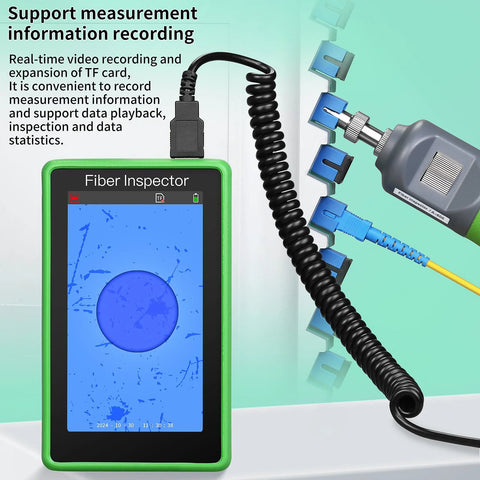 Amazon Fiber Inspector A-600 fiber optic video probe, 5-inch touchscreen, green housing, coiled cable, blue adapters.