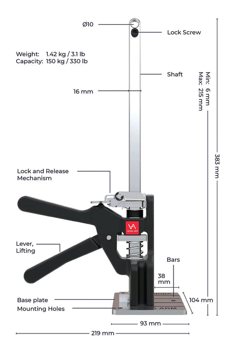 Original Handheld Jack and Clamp for One Hand Lifting Up to 330 Lbs with detailed dimensions and components shown.