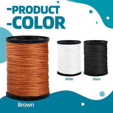 Extra Strong Upholstery Repair Sewing Thread Kit spools in brown, white, and black colors, shown separately against a blue background.