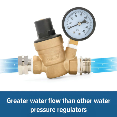Camco adjustable brass RV/marine water pressure regulator with gauge and garden hose threads
