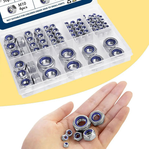 Nylon Insert Lock Nut Set, 140Pcs Metric Lock Nuts M3 M4 M5 M6 M8 M10 M12 Anti Loosening In 304 Stainless Steel, shown in case