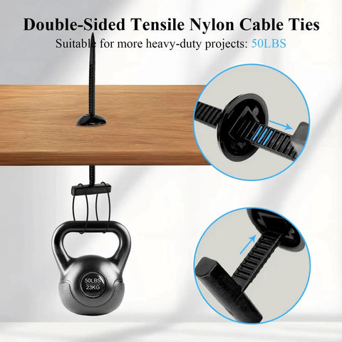 Upgraded Nylon Universal Cable Tie Buckle Self Locking Kit used to hold a 50lbs weight, demonstrating tensile strength and versatility.