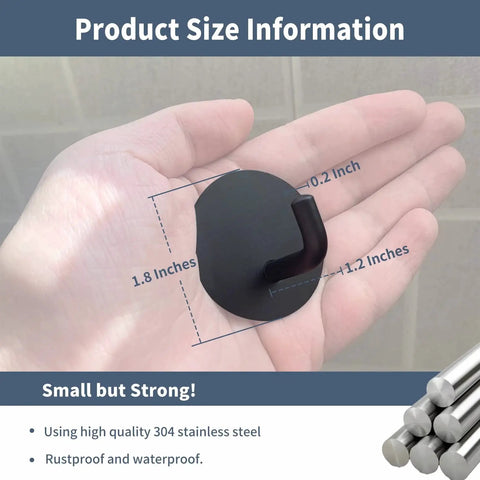 Hand holding Heavy Duty Waterproof Adhesive Hooks For Bathroom Stainless Steel 304 Black Stick On Wall Hooks, size details shown.