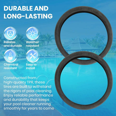 Three Pack Replacement Pool Cleaner Tires 48-232 For Polaris Black Max 3900 Sport 480 And P39 Cleaners in front of pool