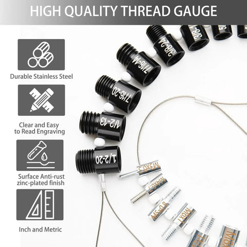 All In One Nut And Bolt Thread Checker With 45 Gauges For Quick Bolt Size And Nut Verification Includes 24 Inch And 21 Metric Sets Rotating Gauges For Fast Thread Matching And Easy Identification Of Standard And Metric Bolts displayed with detailed markings.