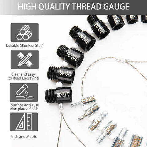 Precision Nut and Bolt Thread Checker Tool with 28 High-Quality Male and Female Gauges for 15 Standard Inch and 13 Metric Sizes showing stainless steel thread gauges and engravings.