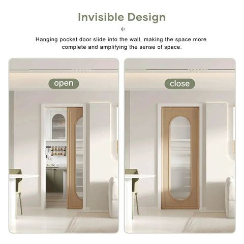 Installed pocket door frame kit for 24 to 32 inch openings with two way soft close aluminum track for 2x4 stud walls.