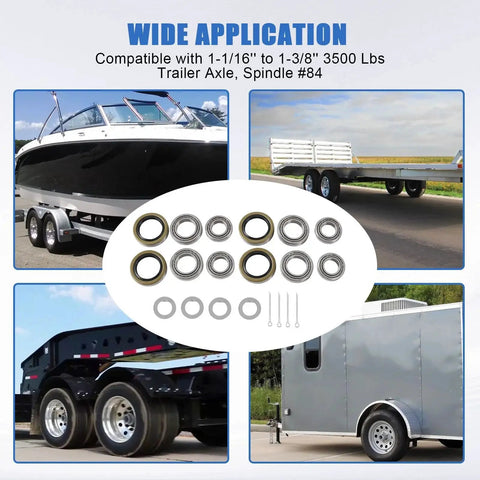 Four Pack 3500 Pound Trailer Axle Bearing Kit With L68149 And L44649 Bearings And L68111 And L44610 Races Plus 171255TB 10 19 Grease Seals For 84 Spindle Fits 1 16 Inch To 1 38 Inch Trailer Axles Heavy Duty Hub Replacement For Boats Campers And Trailers displayed with trailer and boat images