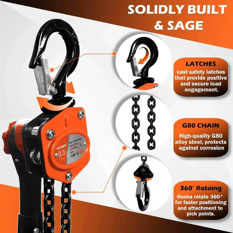 0.5 Ton Mini Lever Chain Hoist 5 Ft Ratchet Chain Puller With Upgraded Longer Handle And Heavy Duty Hooks, close-up of hook and chain