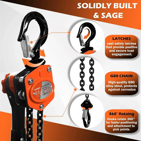 YATOINTO mini lever chain hoist, 0.5 ton, orange steel body with black chain and hooks