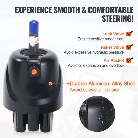 Beefed Up Hydraulic Outboard Steering Kit For Boats 150HP With Built In Two Way Lock Cylinder Includes Pump And Two 20 Ft High Strength Nylon Hoses For Single Station Single Engine Marine System, showing durable aluminum alloy shell and valves