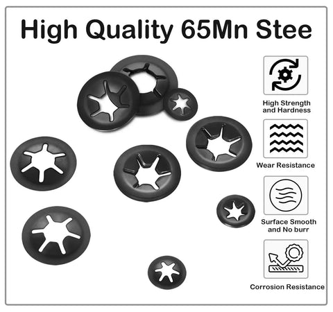 M4 internal-tooth star lock washers, black steel finish, 100-piece set