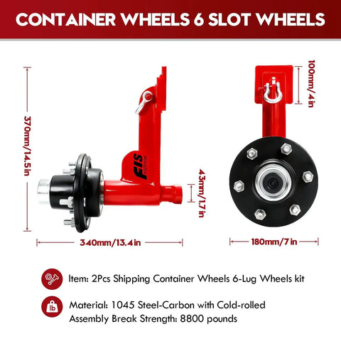 Heavy Duty Shipping Container Wheels Kit 2 Pack For 20 To 40ft Containers, 6-lug wheels, 1045 steel-carbon material, red frame