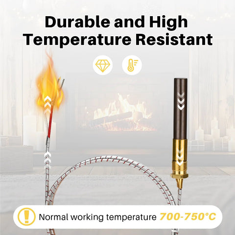 Gas thermopile with brass fitting and braided steel sleeve, 38-inch aluminum thermocouple, 750°C rated