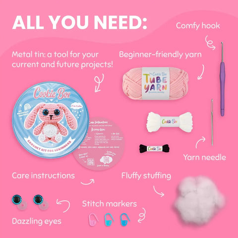 Beginner Crochet Kit Gift Set For Crafting Bunny Lola Amigurumi Plushie Easy DIY Crochet And Knitting Starter Includes Full Video Tutorial And PDF Guides layout.