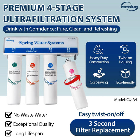 iSpring CU-A4 under-sink filtration system with four white cartridge housings and faucet