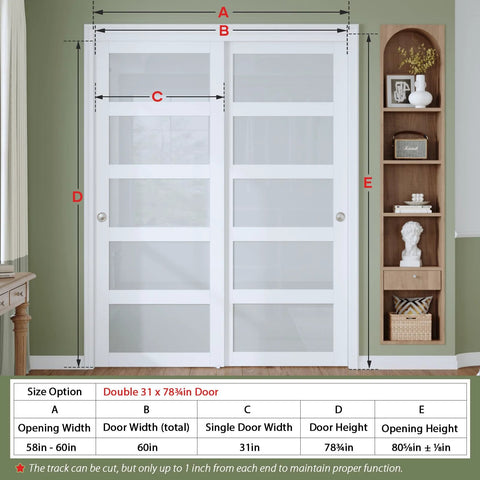 White Frosted Glass Sliding Barn Door Kit For 60 By 80 Inch Openings Dual 31 Inch Panels Installed With Shelving