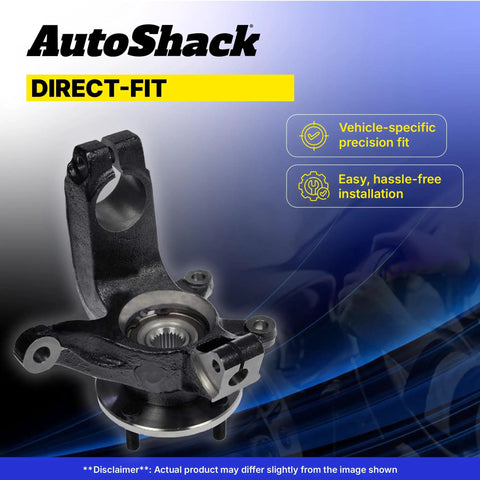 Front Right Steering Knuckle And Wheel Bearing Hub Assembly For 2005-2012 Ford Escape, 2005-2011 Mercury Mariner, 2008-2011 Mazda Tribute 1-Piece Replacement With OEM Fit, No-Hassle Bolt-On Install, Restores Precise Alignment And Smooth Steering displayed against a blue background.