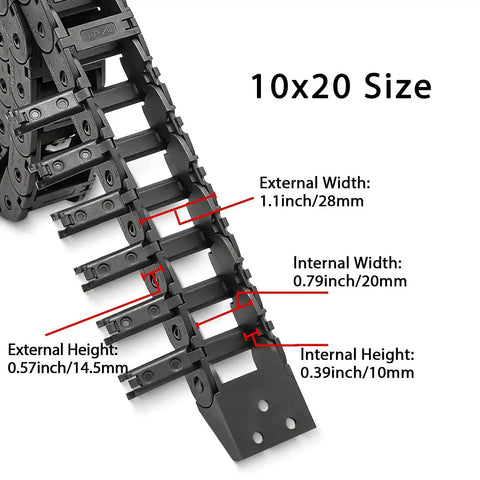 Open Type Drag Chain Cable Carrier 39.4 Inch for CNC Router Mill and 3D Printer, dimensions labeled, close-up view.