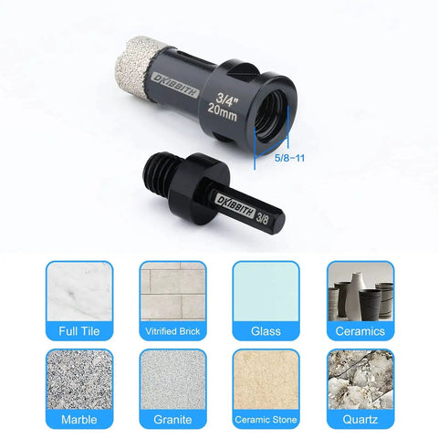 3/4 Inch Dry Diamond Core Drill Bit For Tile Porcelain Ceramic Granite Brick Concrete With Vacuum Brazed Hole Saw And 5/8-11 To 3/8 Hex Shank Adapter By DKIBBITH For Grinders Ideal For Cutting Holes In Shower Plumbing And AC Installations, shown with materials it cuts.