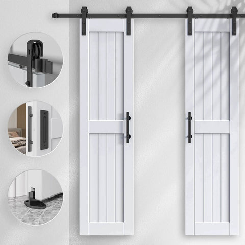 Double 24x84 Inch White Barn Doors With 8 Ft Sliding Door Hardware Kit Included, shown with solid wood waterproof construction