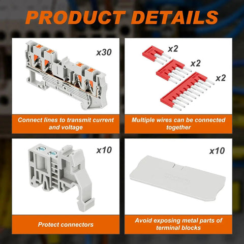 Image shows DIN Rail Terminal Block Kit For Quick No-Fuss Wiring With Twin Spring Push-In Connectors And Screwless PT Setup components.