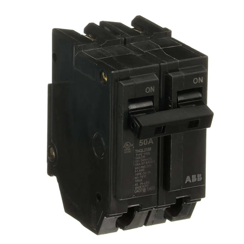 Side view of a 50 Amp Double-Pole Circuit Breaker 120/240 VAC 10 kAIC Thermal-Magnetic LI Long-Time & Instantaneous Trip Plug-In Mount