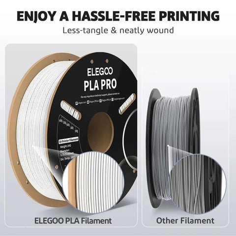 Comparison of neatly wound ELEGOO PLA Pro filament and another brand on spools