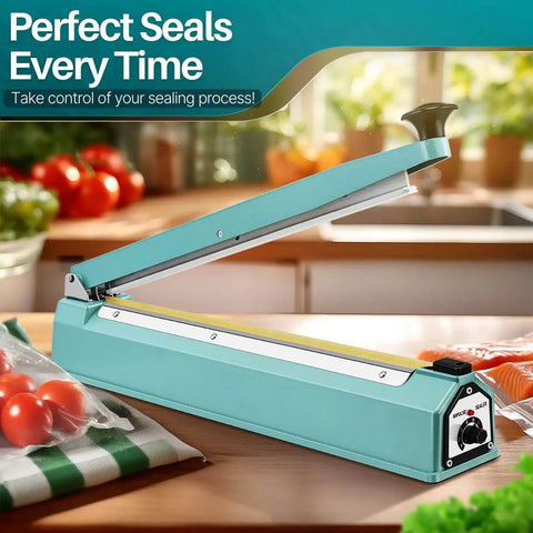 20 Inch Impulse Sealer With 750W Heating, no warm up needed, teal sealer on kitchen counter near vegetables